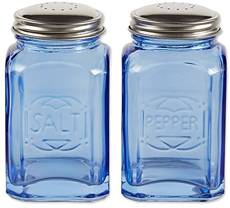 RSVP International Jumbo Retro Glass Salt & Pepper Shaker, Screw On Stainless Steel Lid, Each Shaker Holds 8 Ounces, Blue, 2.25x2.25x4.3, 2 Piece