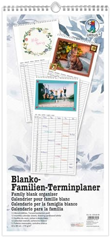 Ursus 5390000 - Blanko Familien-Terminplaner Weiß, aus Tonzeichenkarton, 170g/m², 12 Monatsblätter, Größe 23 x 49 cm, gestaltbarer Wandkalender zum Eintragen, Bemalen und Basteln
