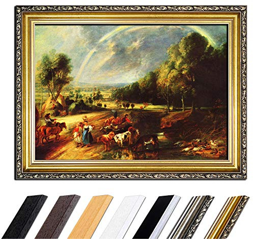 Bilderdepot24 Bild mit Rahmen - Peter Paul Rubens Landschaft mit dem Regenbogen 50x40 cm - Gerahmtes Leinwandbild Alte Meister - Antiker Rahmen Gold Barock, Klassisch