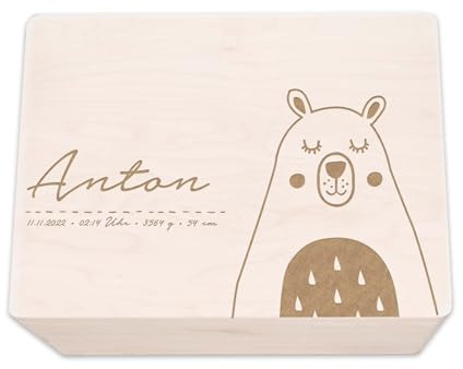 hellomini Personalisierte Erinnerungsbox aus Holz • Gravierte Aufbewahrungsbox mit Namen & Geburtsdaten • Geschenk zur Geburt, Taufe & Geburtstag • Hochwertige Baby-Erinnerungskiste (Bär)