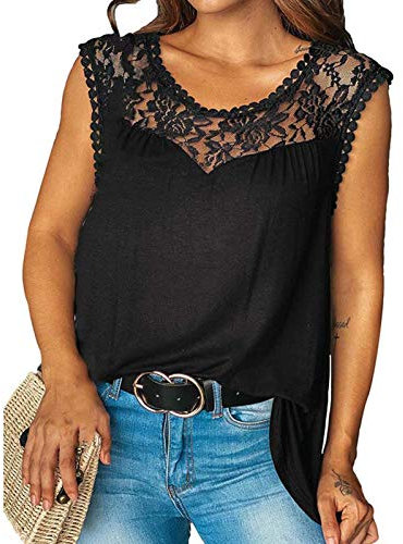 Masrin Damen T-Shirt Lässig Blumenstickerei Spitze Hohl Patchwork Tanktops O-Ausschnitt Einfarbig Ärmellose Weste Sommer All-Match Loose Tunika Bluse (L,Schwarz)