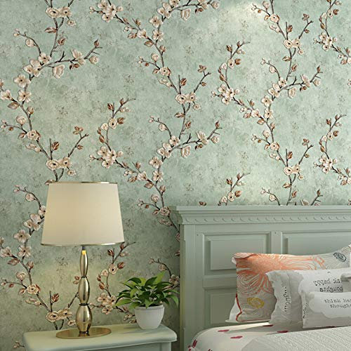 MEAIHOME - Carta da parati in tessuto non tessuto, stile americano, 3D, stile pastorale, con albero di fiori, versione AB con camera da letto, sfondo TV, 1,73 x 32,8 l non incollata (ciano chiaro)