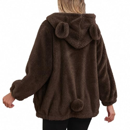 acdiac Casual Fluffy Kawaii Bear Hoodie with Ears Tail Top for Women, Cute Winter Warm Animal Zip Up Jacket Sweet Sweater Coat for Home/Shopping/Party Clothing, Brown Bear, One Size