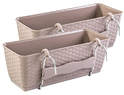 PAFEN Lot de 2 jardinières de balcon avec supports – 492 x 172 x 174 mm – Pot de fleurs avec réservoir d'eau aspect rotin, bac à plantes, moka