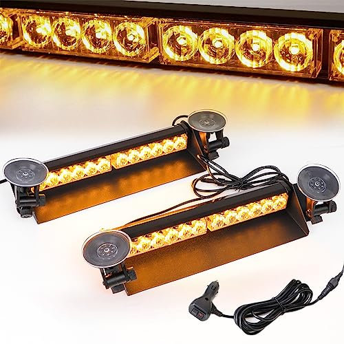 ROUTEKING 2x15IN 24LED Car Strobe Flashing light - 2 in 1 Emergency Warning Light 12 Flashing Modes, Upgraded Adjustable Suction Cups Windshield Lamp Recovery Light Bar for Vehicle Truck (Amber)