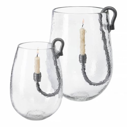 Loberon Windlicht 2er Set Lorcalla, klar/schwarz | Zwei Größen, mundgeblasen, rustikaler Charme, mit separatem Kerzenhalter, Outdoorwindlicht, Glas, Eisen