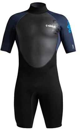 C-Skins 2023 Mens Element 2 3/2mm Back Zip Shorty Wetsuit - Black Slate Cyan - Breathable - Xtend neoprene upper body Mens Wetsuit - ML