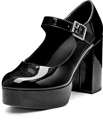 Coutgo Mary Jane Shoes Women Black Platform Heels Patent Chunky Dress Shoes