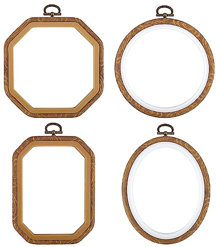 4pcs Embroidery Hoops Set, Imitated Wood Embroidery Frame Circle Oval Rectangular Octagonal Punch Needle Frame for Art Craft Sewing, Hanging Ornaments