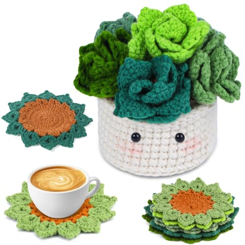 ENCHOL Crochet Kit for Beginners, Green Coasters Crochet Kit | Beginners Crochet Kit with Yarn, Crochet Hook, Step-by-Step Video Tutorials, Crochet Starter Kit for DIY Craft