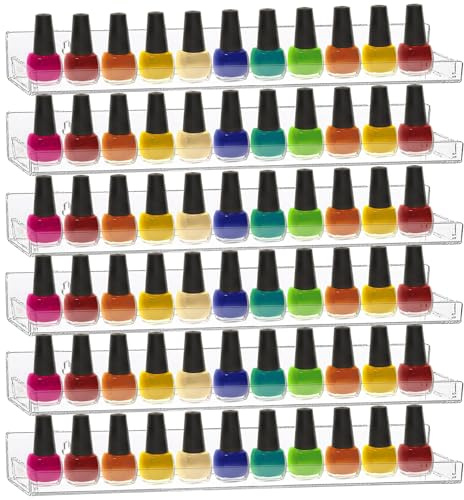 6 Pack Nail Polish Rack, Wall Mounted Organizer Shelf With Removable Anti-slip End Inserts, Clear Acrylic Display Holder for 90 Bottles