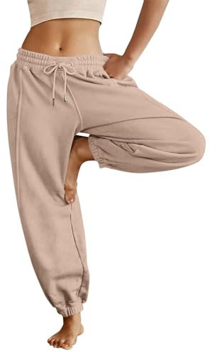 Radlerhose Damen Kurz Für Kleid Weite Hose Damen Sommer Latzhose Einfarbiges Elastische Taille Trainingshose Mit Taschen Tunnelzug Freizeithose Damen (Beige, L)