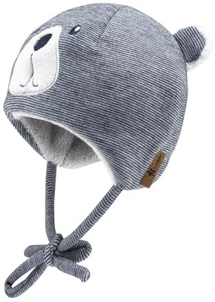 Sterntaler Mütze mit feinem Streifen und Applikation Bär - Jungen Beanie mit Ohrenklappen und Bindeband - warme Babymütze aus Mischgewebe, gefüttert mit Teddyflausch - Marine, 41