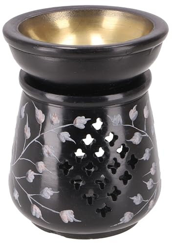 GURU SHOP Indische Duftlampe, ätherisches Öl Diffusor, Teelicht Halter Für Aromatherapie, Aromalampe aus Speckstein - Rund Blumenmuster 2, 10x7x7 cm