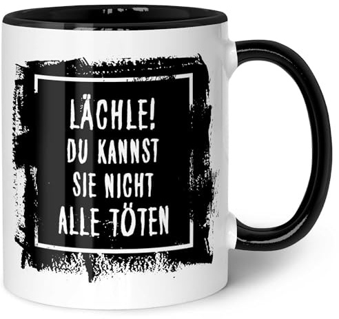 GRAVURZEILE Bedruckte Tasse mit Spruch - Lächle! Du kannst sie nicht alle töten - Spülmaschinenfest - Geschenke für Freunde & Kollegen - Geschenk für Büro & Alltag - Farbe: Schwarz & Weiß