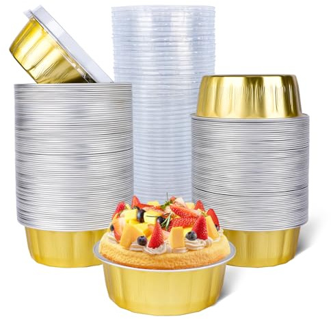 Beasea Ramequines desechables con tapas, paquete de 120 moldes pequeños redondos de 8 onzas, 4 pulgadas, papel de aluminio dorado para crema brulee, recipientes individuales aptos para horno para