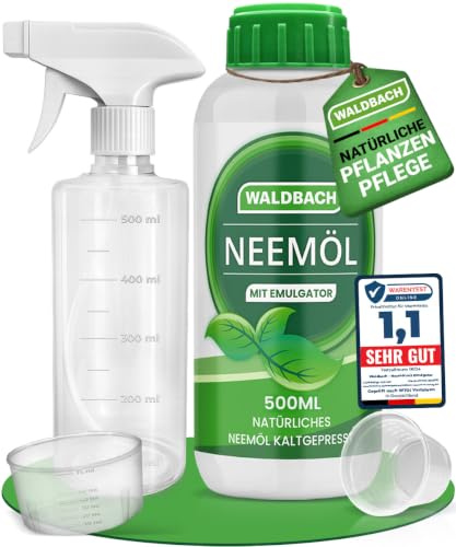 Neemöl mit Emulgator 500ml, inkl. Sprühflasche und 2x Messbecher | Ergibt 50 Liter sprühfertige Mischung, Neemöl für Pflanzen zur natürlichen Pflanzenpflege für drinnen & draußen geeignet