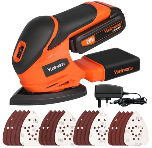 Yunirvana Cordless Detail Sanders 20V, 20Pcs Sandpapers,12000 RPM Sanders with Dust Collection System for Tight Spaces Sanding in Home Decoration, Battery and Charger Included