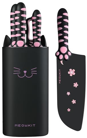 MEOWKIT 5 Pezzi Set Coltelli da Cucina Professionali, Carino Ceppo Coltelli in Acciaio Inossidabile, Coltello da Cucina con Blocco Staccabili e Forbici, Nero-Rosa