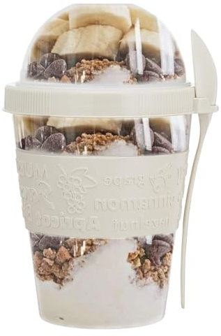 SAFRI 600ml Over Night Oats Container Reusable Yogurt Cups 100% BPA Free Breakfast On The Go Cereal Yogurt Pot with Lids and Spoon (White)