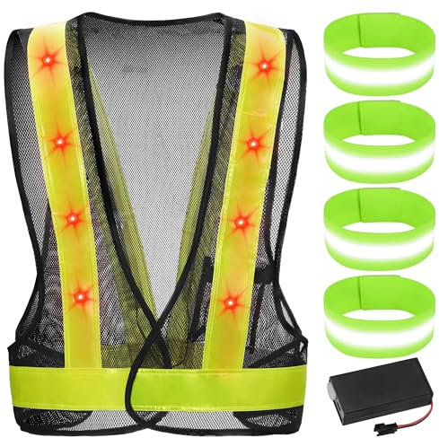 JIZZU LED Laufweste Warnweste Reflektorweste mit 4 Elastisch Reflektorband Atmungsaktiv Sportweste aus Mesh-Gewebe Reflektierende Weste für Radfahren Joggen