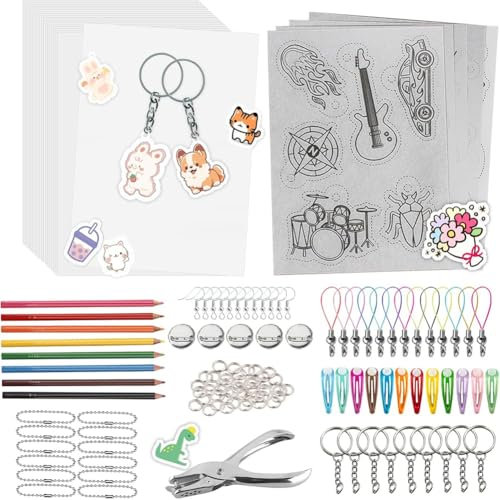 Cenei A5 ShrinkyDink Schlüsselanhänger-Set, Shrink Dinks Papier-Sets für Kinder, DIY-Kunsthandwerk mit Schlüsselanhänger, Ohrringen, Haarspangen, Brosche