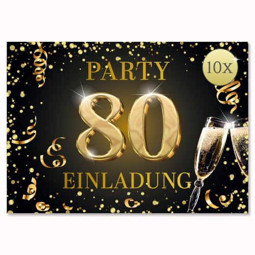 Edition Colibri Einladungskarten 80. Geburtstag A6, 10 Stück schwarz gold zum Beschriften, edle besondere Partyeinladungen für Geburtstagsfeier, Geburtstagskarten Set für Frauen und Männer
