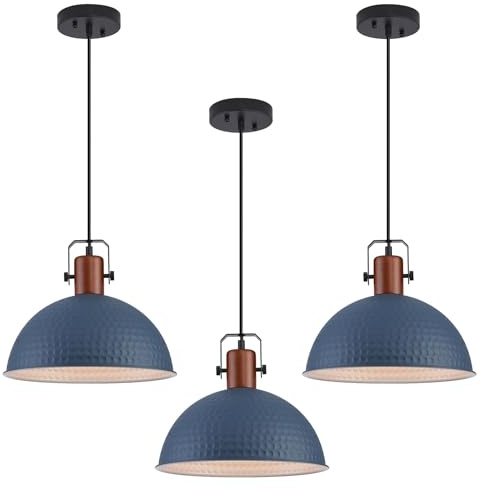 ALAISLYC 12 Inch Blue Pendant Lights Hammered Matte Pendant Lights for Kitchen Island Industrial Farmhouse Adjustable Height Dome Hanging Light Fixtures for Barn, Dining Room 3 Packs