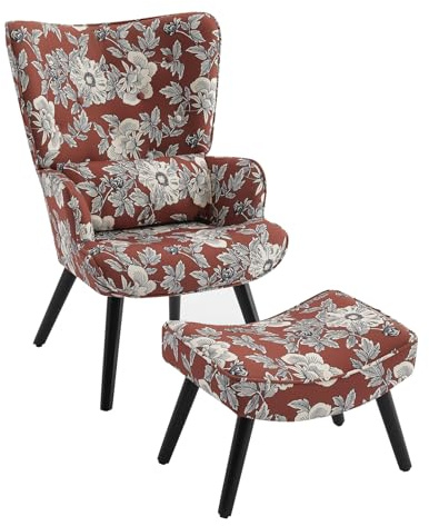 HomeMiYN Patchwork Ohrensessel mit Hocker Massivholzbeine Lendenstützkissen | Bunter bequemer Lesesessel, Leinenstoff und ergonomisches Design, für Wohnzimmer und Schlafzimmer, Rokoko