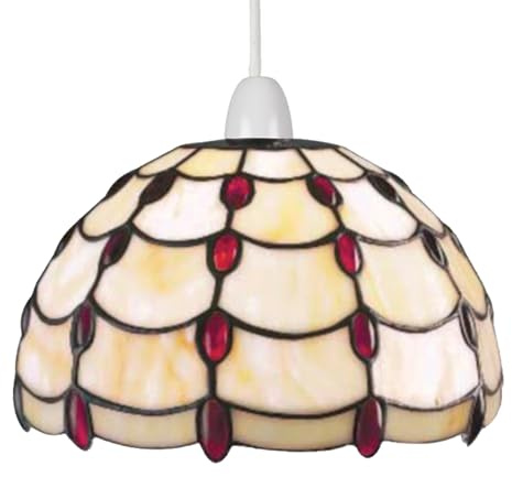 Tiffany Style Pendant Light, Stained Glass Jewel Dome Lampshade, Easy Fit Ceiling Fixture, Beige Jewel (Red Jewel)