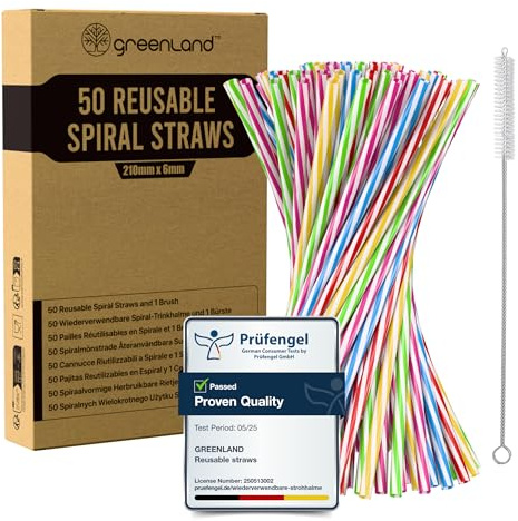 Greenland 50-pack återanvändbara spiralformade sugrör med borste – 21 cm långa, 6 mm breda – Perfekta för cocktails, mjölk, juice och te