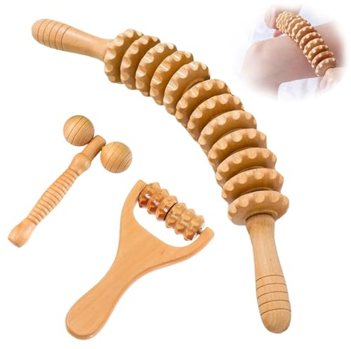 Zyiphor träfascia pinne, 3 stycken fasciarullar för rygg, nacke, ben och lymfdränering, massagerulle med handtag för muskelavslappning, lindrar trötthet och celluliter för hem, resor, kontor