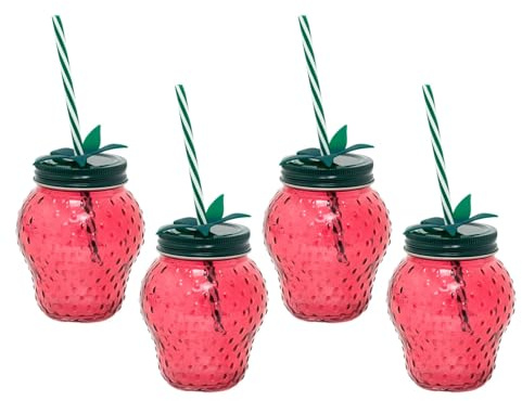 Carousel Home Pack of 4 Strawberry Glass Drinking Jars with Lid & Straw | Fun Summer Red Strawberry Mason Jars | Novelty Glasses for Picnics, Parties & Outdoor Cocktails - 450ml