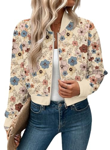 GORGLITTER Bomberjacke Damen Sommer Blouson Jacke Mit Blumen Übergangsjacke Leichte Kurze Jacke Fliegerjacke Mit Reißverschluss Winterjacke Sweatjacke Beige S