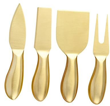 ULTECHNOVO Juego Cortadores Queso Acero Inoxidable Profesional, Cuchillos para Untar y Rebanar, Mango Ergonómico, Uso Cocina y Comedor, Kit 4 Piezas para Queso Duro y Semiduro, Oro