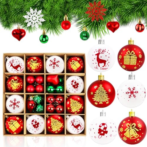 46pcs Christmas Baubles, Ø 3-6cm Shatterproof Christmas Tree Ornaments Balls, Red & White & Green Baubles Set, Xmas Tree Decorations for Indoor Outdoor
