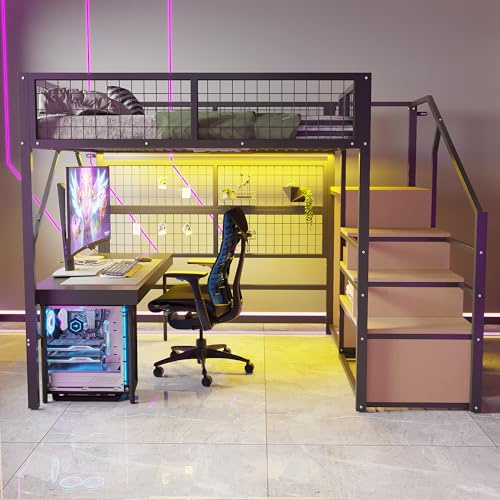 Merax Kinderbett Hochbett 140x200 cm, mit LED, Treppe Staufach Stauraum und offenem Kleiderschrank, Jugend Metall Spielbett mit Wandgitter, Ohne Matratze, Schwarz/255×145×170cm