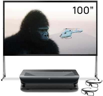 AWOL VISION LTV-3500 Pro Bundle - Pantalla plegable para exteriores de 120 con soporte y gafas 3D (2 unidades), 4K UHD HDR10+ Dolby Vision Ultra Short Throw Triple Laser Projector, 3000 lúmenes ISO