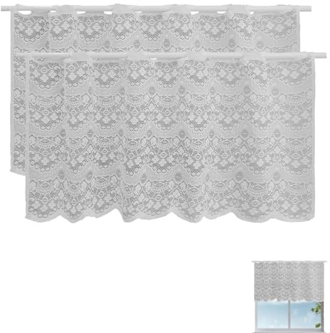 ERFGT 2 Pezzi Tende di Pizzo Corte, Tende di Pizzo per Cucina, 91 x 45 cm Tenda Corta, per Cucina, Bagno, Mansarda, Caffetteria (Bianco)