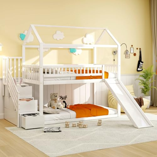 Wyibwy Letto a castello per bambini 90x200 cm, letto a soppalco, con scivolo e scala contenitore, struttura alta, struttura in legno massello, rete a doghe, Bianco
