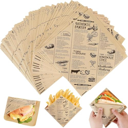 50 Stk Dickes Burger Papier, 15x15 cm Mehrschichtiges Burgerpapier mit Zeitungsoptik, Wasserdichtes Backpapier für Mini Burger Brötchen, Sandwiches und Fritten, Ölbeständiges Backpapier Zeitungsoptik