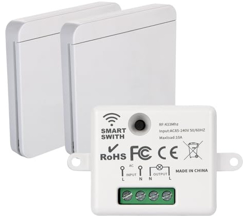 XUXLEKK Interruptor de luz Inalámbrico, 433Mhz 220V Wireless Light Switch, 2 Interruptor RF y 1 Receptor, para Lámpara Interior Alcance 30M Radiotransmisores