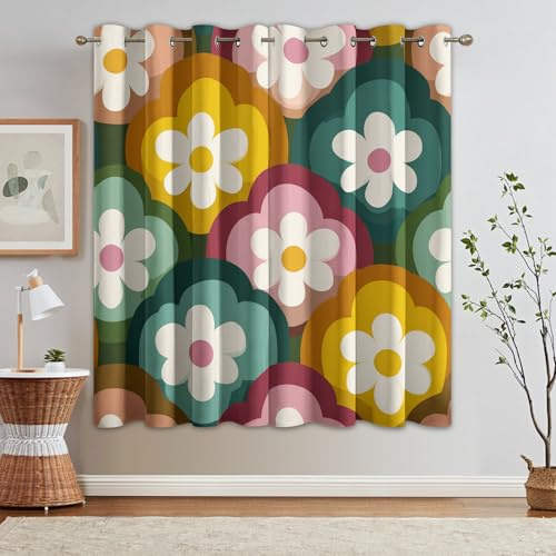 95% Blickdichte Vorhänge 70er Jahre Blumen, Thermo Verdunklungsvorhänge mit Ösen, Retro Abstrakt Geometrisch Blumenmuster Fenster Gardinen Wohnzimmer Schlafzimmer Deko, 2er Set H 200 x B 140 - D224