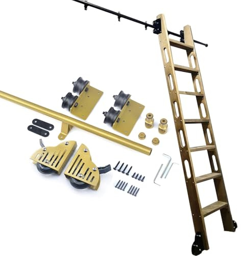 Kit de Escalera rodante para Biblioteca, riel Deslizante Dorado (sin Escalera) para Barra de librería Tipo Loft, Sistema de Rodillos metálicos, herrajes móviles(300cm Kit de Pista)
