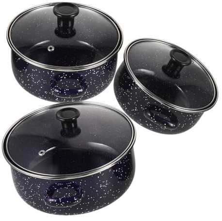 Toyvian Juego de Ollas Esmaltadas Mini con Doble Asa, Olla Pequeña de Fondo Plano Azul, Antiadherente, para Cocinar Sopas y Fideos Instantáneos, Set de 3 Piezas para Uso Doméstico