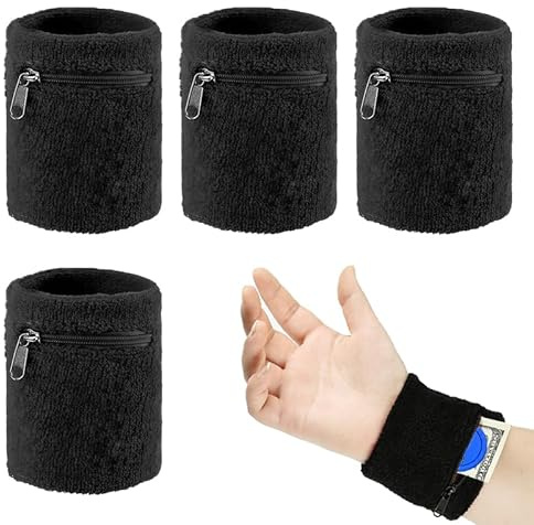 4 PCS Wrist Band Wallets, Sweat Wrist Band with Zipper Running Pouch Key Holder - Gym, Basketball, Tennis Accessories for Men & Women, Zippered Wrist Wallet for Keys