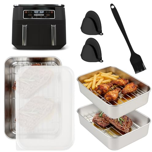 Pirofila in acciaio inox per Ninja, Cosori, friggitrici ad aria calda Philips, con griglia di sgocciolamento, pennello olio e 2 clip in silicone, accessorio ideale per friggitrice ad aria calda, 20 x