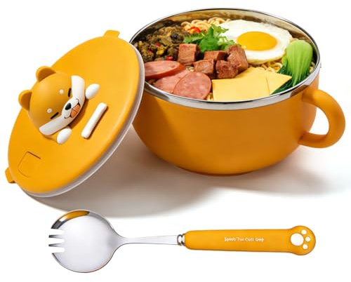 Cuenco de ramen instantáneo de 1200 ml con tapa y cuchara, cuenco de pasta instantánea con asas, olla de ramen portátil para microondas, para sopa, pasta, bento, almuerzo (perro de pastoreo)