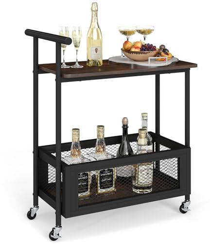 COSTWAY Serving Cart, 3-Tier Rolling Bar Cart with Lockable Wheels, Open Shelf, Mesh Basket & Handle, Drinks Storage Trolley for Home Kitchen Dining Room Restaurant, Rustic Brown + Black
