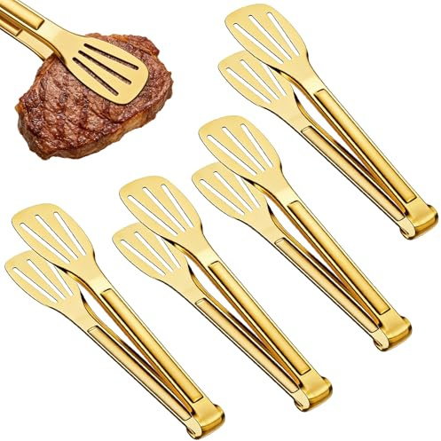 4 PCS Serving Tongs, 7 Inch Gold Metal Kitchen Tongs with Three-Line Design | Perfect for Serving Salad Steak Appetizers Vegetables and Desserts at Home Parties and Events